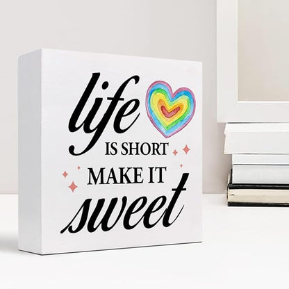 Life Is Short Make It Sweet Sign,Inspirational Quote Wood Box Sign,Motivational Signs Wooden Block Rainbow Decorations for Home Office Shelf Decor