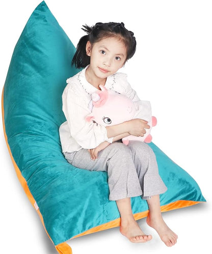 Stuffed Animal Storage Bean Bag Chair Cover, Velvet Turquoise Orange Plush Toy Storage Stuff and Sit Seat for Kids/Teens/Adults, 52" x 31" Extra Large Triangle Sofa, 200L/52Gal, Cover Only