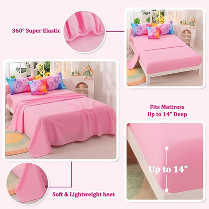 Girls Full Bedding Sets, 6 Pcs Pink Full Szie Comforter Set with Sheets, Watercolor Marble Abstract Art Superior Bedding Set for Girls Kids
