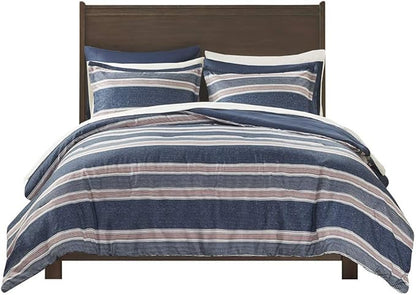 Comfort Spaces Bed in A Bag Comforter Set - College Dorm Room Essentials for Boys Men Bedding, Complete Dormitory Bedroom Pack And Sheet with 2 Side Pockets, Full, Stripes Navy/Red