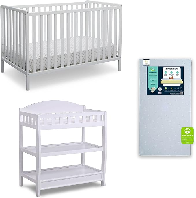 Delta Children Heartland 4-in-1 Convertible Crib Infant Changing Table with Pad + Serta Perfect Start Crib Mattress, Bianca White