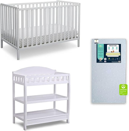 Delta Children Heartland 4-in-1 Convertible Crib Infant Changing Table with Pad + Serta Perfect Start Crib Mattress, Bianca White