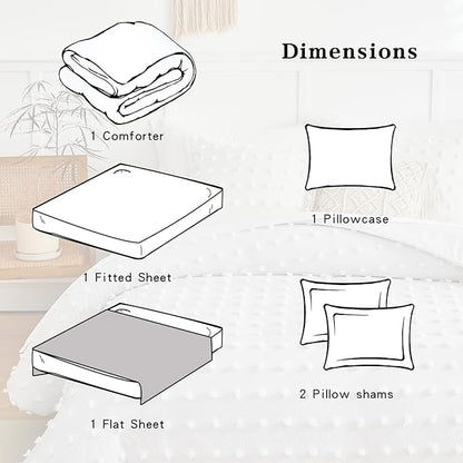 6 Pieces Tufted Dots Bed in a Bag Twin Comforter Set with Sheets White , Soft and Embroidery Shabby Chic Boho Bohemian Comforters, Solid Color with Pom Pom Design, Jacquard Tufts Bedding Set for Kids