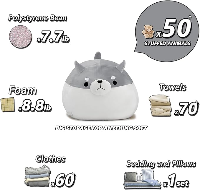 Stuffed Animal Storage Bean Bag Chair Cover for Kids Grey Shiba Inu Dog Bean Bag Chair for Girls X-Large Size Toy Organizer Cover Only Without Filling