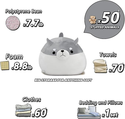 Stuffed Animal Storage Bean Bag Chair Cover for Kids Grey Shiba Inu Dog Bean Bag Chair for Girls X-Large Size Toy Organizer Cover Only Without Filling