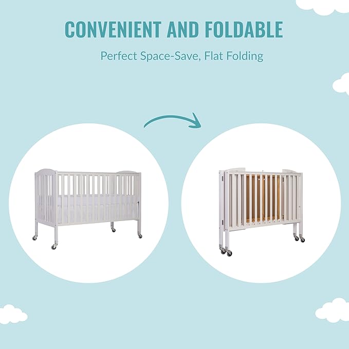 Folding Full Size Convenience Crib In White, Two Adjustable Mattress Height Positions, Comes With Heavy Duty Locking Wheels, Flat Folding Crib