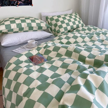 Wellboo Green White Plaid Comforter Sets King Women Men Sage Green Checkerboard Grid Bedding Comforters Cotton Boys Girls Modern Grass Green and White Checkered Geometric Quilts Luxury Abstract Bed
