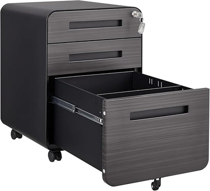 3 Drawer Mobile Desk Office with Lock and Wheels,Versatile Storage Cabinets w/Anti-Tilting Cold Rolled Steel Waterproof Moisture-Proof,for Legal/Letter/A4 Files,Dark Brown