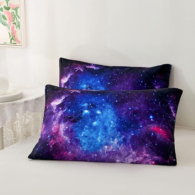 7PCS Purple Comforter Sets Queen,Girls Galaxy Comforter Queen,Girls Bed Sets Queen,Bed in a Bag with Flat Sheet and Fitted Sheet,Pillowcases,Cushions for Girls,Galaxy Bedding Sets