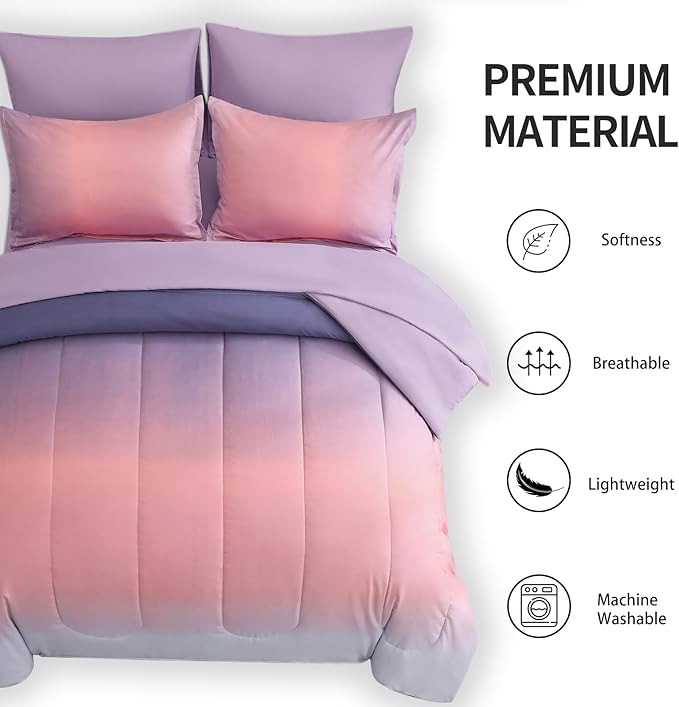 7 Pieces Comforter Set Full/Queen Size - Gradient Pink and Purple All Season Teens Rainbow Comforter Bedding Set, Ultra Soft Fluffy Microfiber Bed in a Bag for Kids