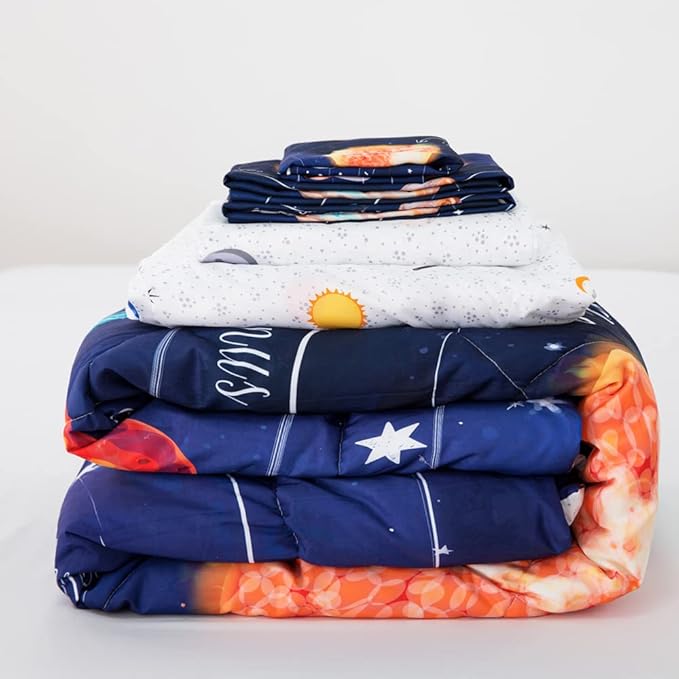 ADASMILE A & S Solar System Comforter Set Twin Outer Space Comforter for Kids 6 Pcs Bed in A Bag Twin Comforter Set for Boys Space Bed Set Galaxy Comforter with Star Moon Sheets for Kids Home Decor