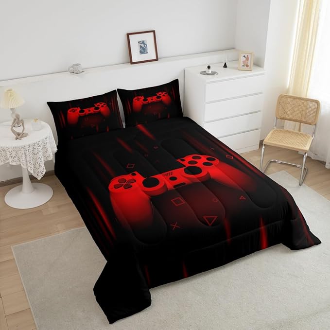 Feelyou Queen Comforter Set for Boys Gamer Bedding Set for Boys Kids Gaming Comforter Red Black Teen Child Gamer Room Decor Soft Game Geometric Duvet Quilted 1 Comforter with 2 Pillowcases Gamer Gifts