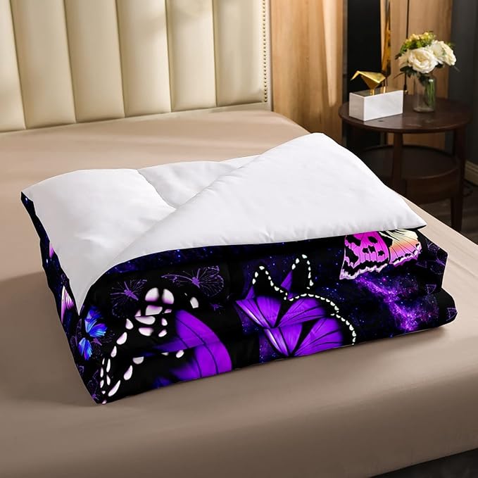 Erosebridal Butterfly Comforter Set Starry Sky Galaxy Comforter Blue Purple Butterfly Bedding Sets King for Kids Girls Teens Women Bed,Aesthetics Butterflies Quilt Duvet Set 2 Pillow Cases Room Decor