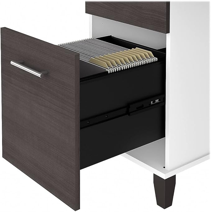 Bush Furniture Somerset 72W 3 Position Sit to Stand L Shaped Desk with Hutch in White and Storm Gray