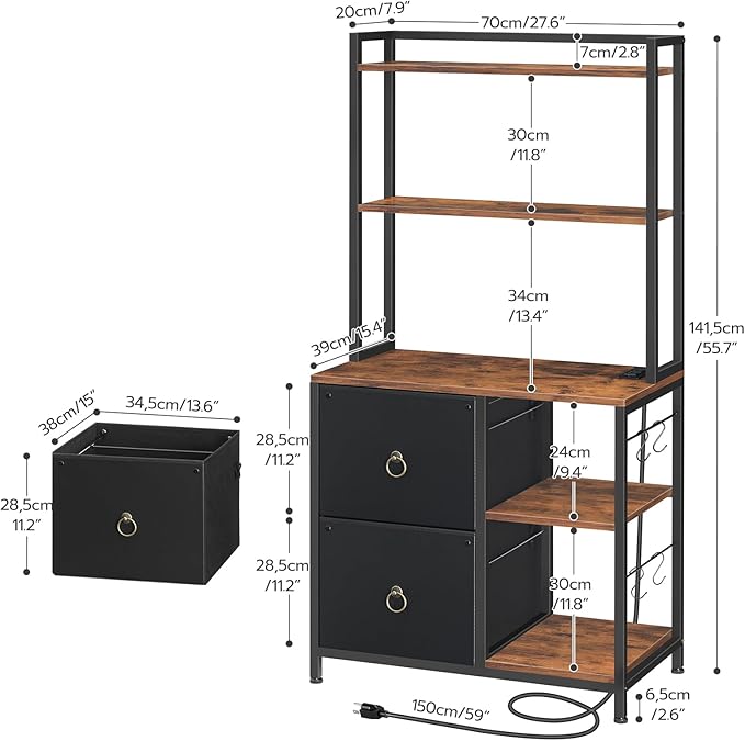 HOOBRO File Cabinet, Filing Cabinet with Charging Station, office cabinet with Bookshelf and Open Storage Shelf, for Home Office, A4/Letter Size, Nonwovens Drawer, Black and Rustic Brown BFK70UWJ01