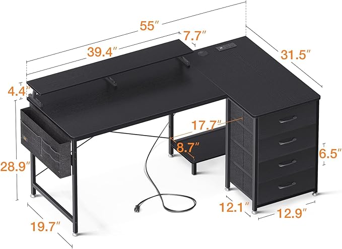 KKL 55 inch L Shaped Computer Desk with USB Charging Port & Power Outlet, L-Shaped Corner Desk with 4 Tier Drawer & Monitor Shelf for Home Office Workstation, Modern Style Writing Table, Black