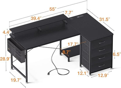 KKL 55 inch L Shaped Computer Desk with USB Charging Port & Power Outlet, L-Shaped Corner Desk with 4 Tier Drawer & Monitor Shelf for Home Office Workstation, Modern Style Writing Table, Black