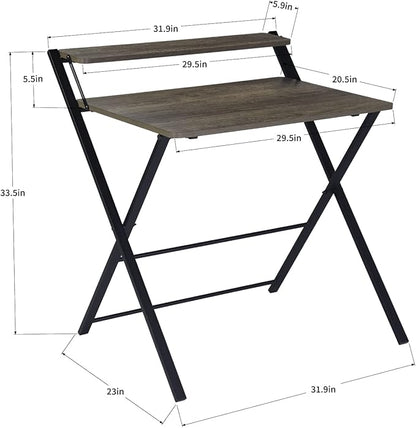 FurnitureR 31.9'' Folding Desk 2 Tier Foldable Writing Table Assembly Saves Space for Home Office Study, Metal Frames/Wood Top Laptop Table Computer Desk, Industrial Brown