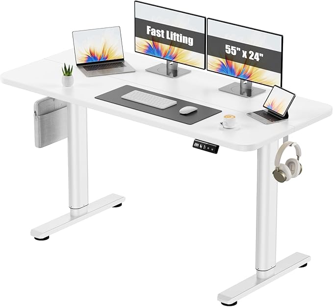 Electric Standing Desk Adjustable Height Stand Up Desk, 55" x 24" Sit Stand Desk, Low Noise Home Office Desk, Computer Desk with Splice Board, Child Lock & Memory Function, White