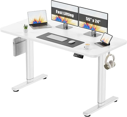Electric Standing Desk Adjustable Height Stand Up Desk, 55" x 24" Sit Stand Desk, Low Noise Home Office Desk, Computer Desk with Splice Board, Child Lock & Memory Function, White