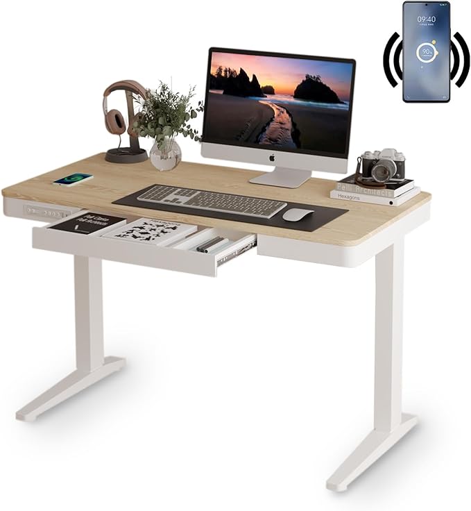 Standing Desk with Drawer and Wireless Charging,48x24 inch Dual Motor Standing Desk, Sit Stand Desk with Whole-Piece Desktop,Stand Up Desk for Home Office(White Oval Legs + Bamboo Top)