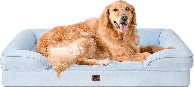 EHEYCIGA Orthopedic Dog Bed for Large Dogs, Waterproof Memory Foam with Sides, Non-Slip Bottom and Egg-Crate Foam Couch Bed with Washable Removable Cover, Light Blue