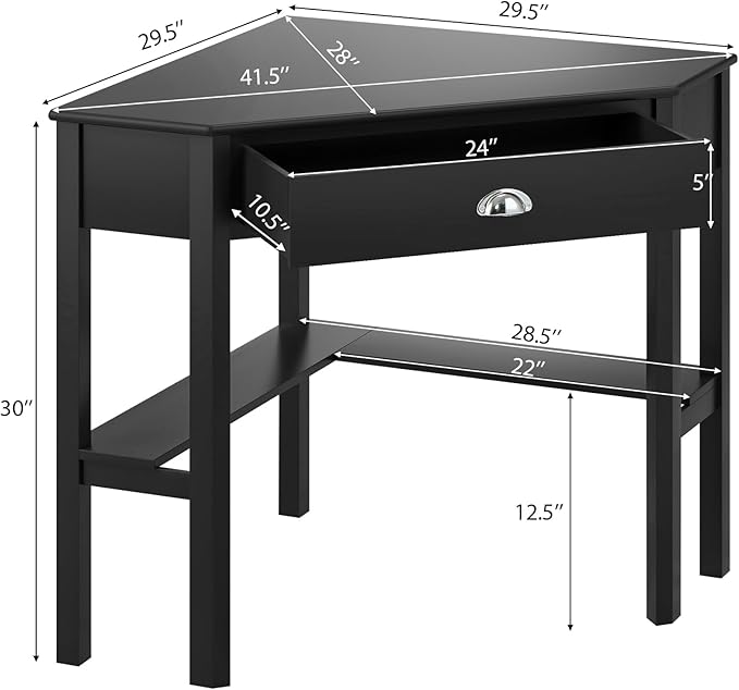 Nightcore Small, Wood Computer Desk, Compact Writing w/Drawer & Storage Shelves, Space Saving Study Workstation, Laptop PC Corner Table, Black
