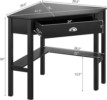 Nightcore Small, Wood Computer Desk, Compact Writing w/Drawer & Storage Shelves, Space Saving Study Workstation, Laptop PC Corner Table, Black
