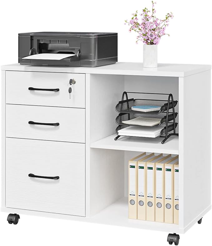 3 Drawer File Cabinets, Mobile Lateral Printer Stand with Open Shelf, Rolling Filing Cabinet with Wheels Home Office Organization and Storage (White)