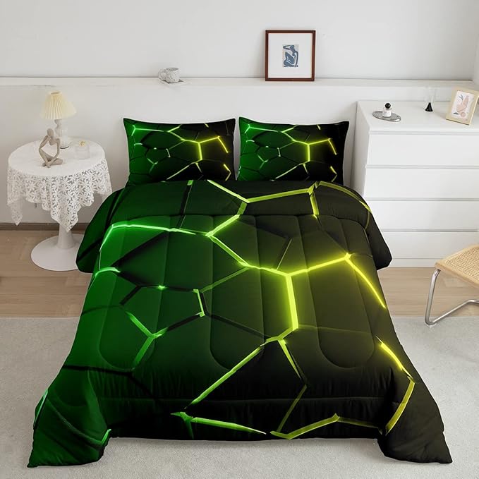 Honeycomb Comforter Green Yellow Hexagonal Print Bedding Set for Kids Boys Girls Children Beehive Geometrical Comforter Set Ultra Soft Decor Reticulated Duvet Set Queen Size
