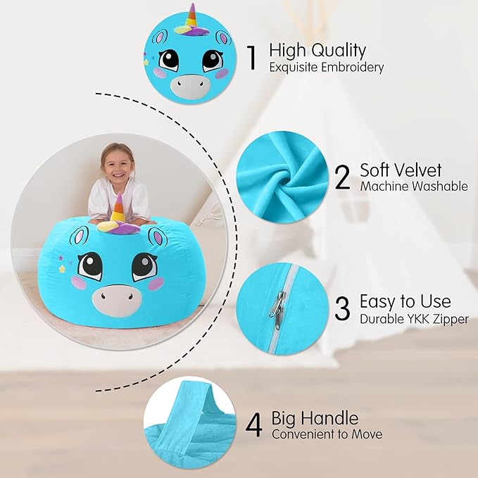 Aubliss Unicorn Stuffed Animal Storage, Velvet Bean Bag Chairs Cover, X-Large 38" Ultra Soft Kids Toy Storage Organizer for Blankets Towels Clothes Home Supplies, Blue Big Eyes
