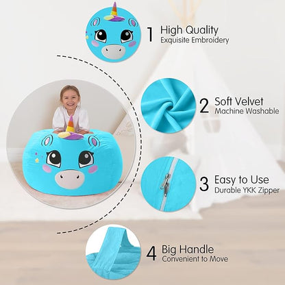 Aubliss Unicorn Stuffed Animal Storage, Velvet Bean Bag Chairs Cover, X-Large 38" Ultra Soft Kids Toy Storage Organizer for Blankets Towels Clothes Home Supplies, Blue Big Eyes