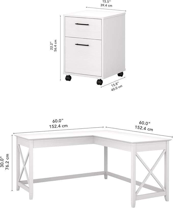 Bush Furniture Key West 60W L Shaped Desk with 2 Drawer Mobile File Cabinet in Pure White Oak
