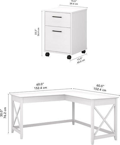 Bush Furniture Key West 60W L Shaped Desk with 2 Drawer Mobile File Cabinet in Pure White Oak
