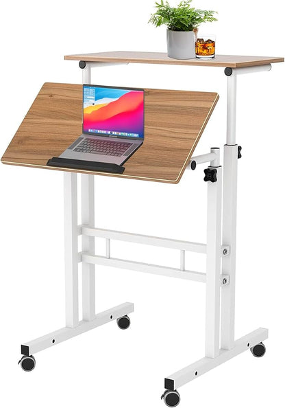 sogesfurniture Mobile Standing Desk Laptop Workstation on Wheels, Adjustable Computer Desk for Standing or Sitting, Oak 101-OK
