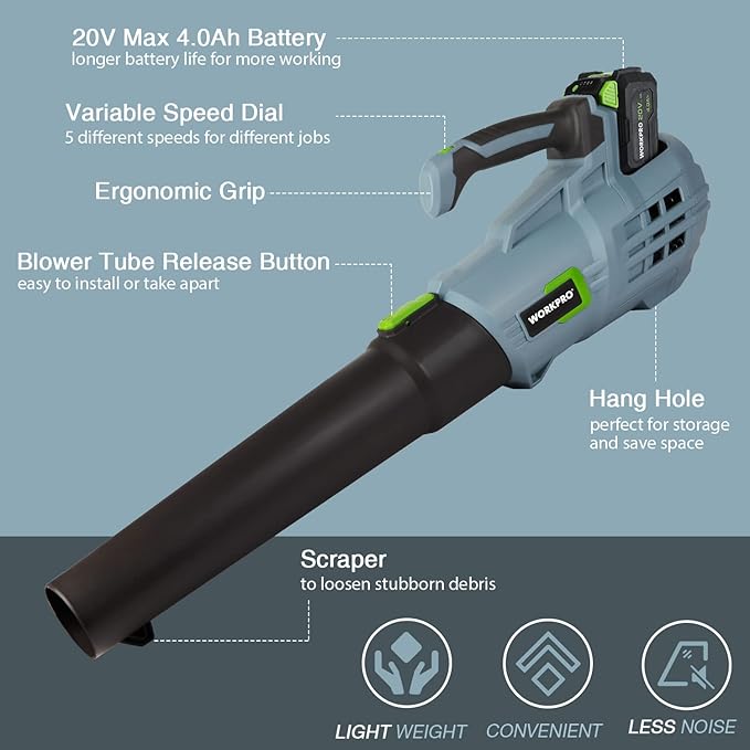 WORKPRO 20V Cordless Leaf Blower with 5 Adjustable Speeds, 350 CFM Powered Blower Sweeper for Lawn Care Snow Blowing Yard Cleaning, 4.0Ah Larger Capacity Battery and Quick Charger Included