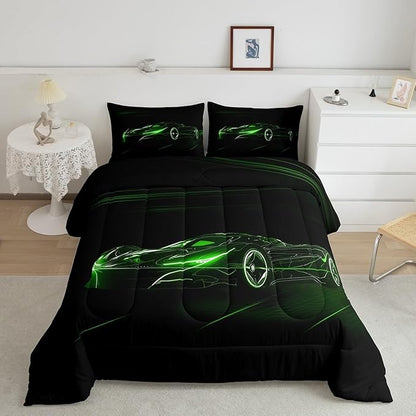 Feelyou Green Race Car Bedding Set Full Size for Kids Boys Extreme Sport Games Comforter Set Teens Toddler Fast and Furious Duvet Set Cool Modern Quilt Set 3Pcs