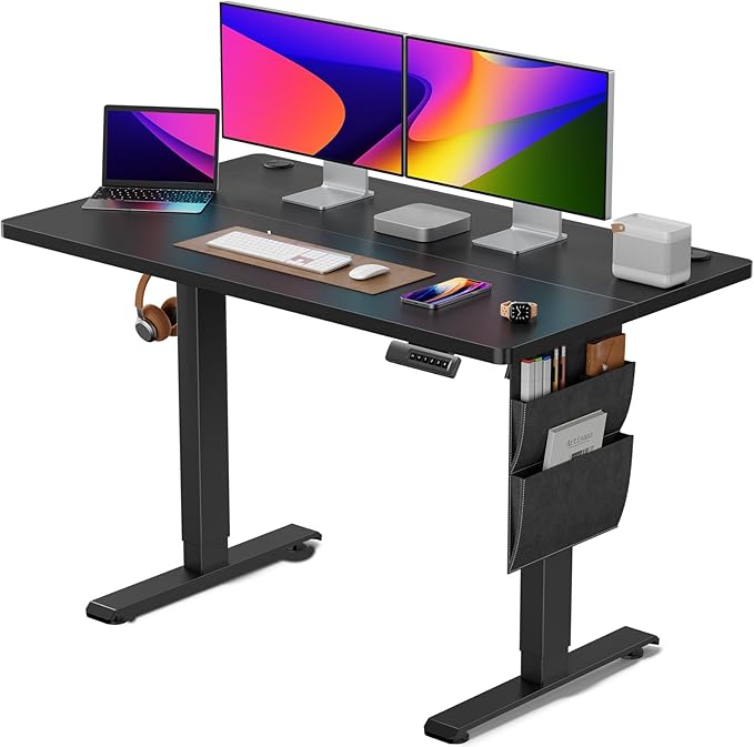 Standing Desk Adjustable Height, Electric Standing Desk with Starage Bag, Stand up Desk for Home Office Computer Desk Memory Preset with Headphone Hook, 48x24 Inch, Black