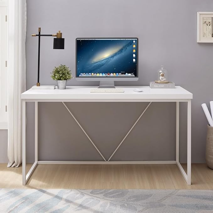Home Office Desk, Metal and Wood Computer Desk, Modern Rustic Work Study Writing Table for Living Room Bedroom, White Oak, 55 inch