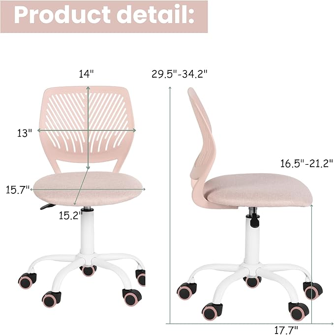 FurnitureR Writing Task Chair for Teens Boys Girls 360 Rolling Wheels Fabric Soft Pad Seat Breathable Backrest, Height Adjustable Liftup 29.5"-34.3", Morandi Pink