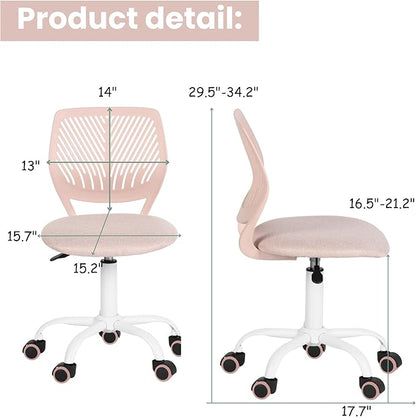 FurnitureR Writing Task Chair for Teens Boys Girls 360 Rolling Wheels Fabric Soft Pad Seat Breathable Backrest, Height Adjustable Liftup 29.5"-34.3", Morandi Pink