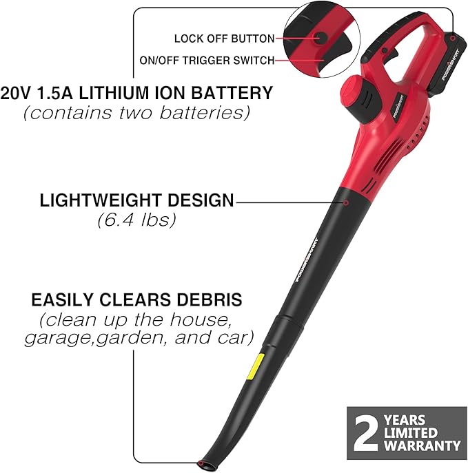 PowerSmart 20V Cordless Leaf Blower with 2 Batteries and Charger, Lightweight & Small Blowers for Benches, Gutters, Lawns (PS76101A), 2024 Version