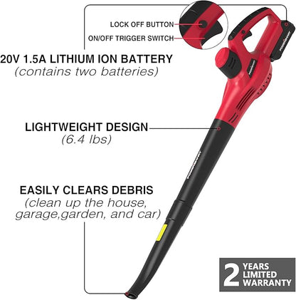 PowerSmart 20V Cordless Leaf Blower with 2 Batteries and Charger, Lightweight & Small Blowers for Benches, Gutters, Lawns (PS76101A), 2024 Version