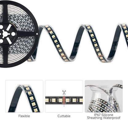 BTF-LIGHTING RGBCCT 5 Colors in 1 LED Tape Lights 5050SMD RGBWW RGB+Dimmable Color Temperature 2700K-6500K 16.4ft 96LED/m 480LED IP67 DC12V Black PCB for Home Decoration(No Adapter or Controller)