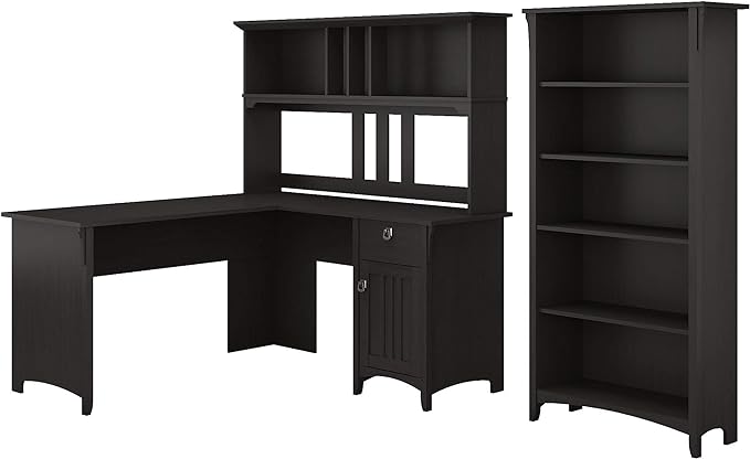 Bush Furniture Salinas 60W L Shaped Desk with Hutch and 5 Shelf Bookcase in Vintage Black