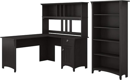 Bush Furniture Salinas 60W L Shaped Desk with Hutch and 5 Shelf Bookcase in Vintage Black