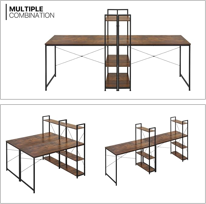 MoNiBloom Computer Desk with 4 Tier Storage Shelves, 47 Inches Home Office Study Writing Desks with Display Bookshelf, Rustic Brown