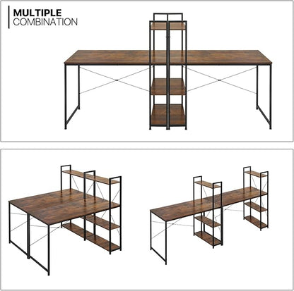 MoNiBloom Computer Desk with 4 Tier Storage Shelves, 47 Inches Home Office Study Writing Desks with Display Bookshelf, Rustic Brown