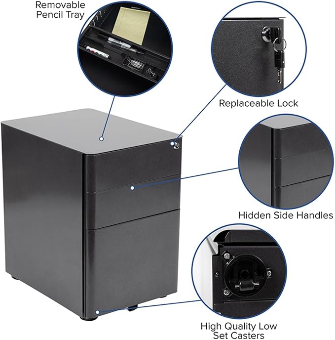 Flash Furniture Warner Modern 3-Drawer Mobile Locking Filing Cabinet with Anti-Tilt Mechanism and Hanging Drawer for Legal & Letter Files, Black