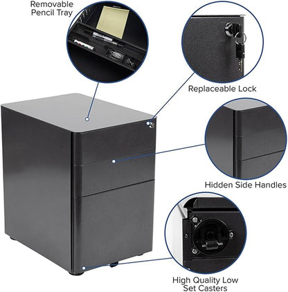 Flash Furniture Warner Modern 3-Drawer Mobile Locking Filing Cabinet with Anti-Tilt Mechanism and Hanging Drawer for Legal & Letter Files, Black